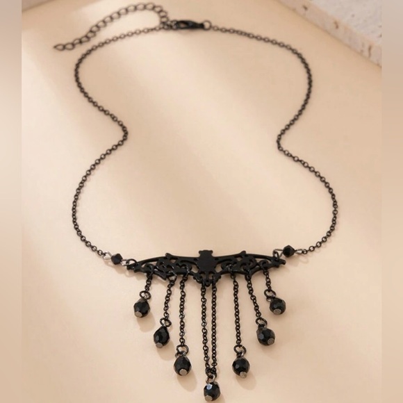 “Victorian Bat” Black Lacey Chandelier Tassel Trim Fancy Gothic Elegant Necklace - Picture 3 of 7